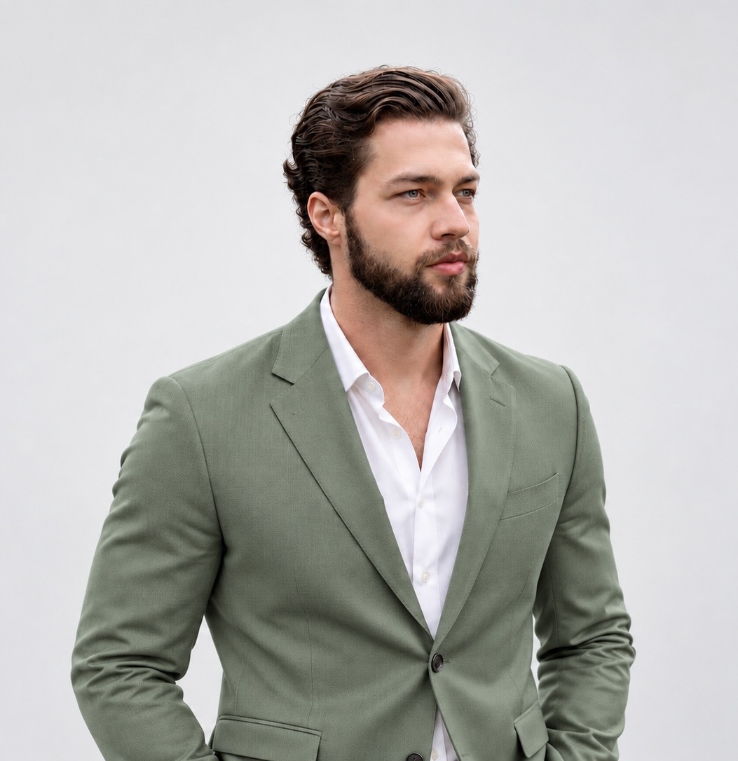 Eric Matos de terno verde com fundo cinza claro